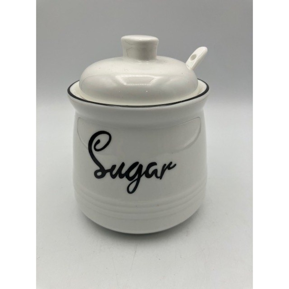 White Ceramic Sugar Bowl Jar with‎ Lid and Spoon 4.5"Hx3.5D